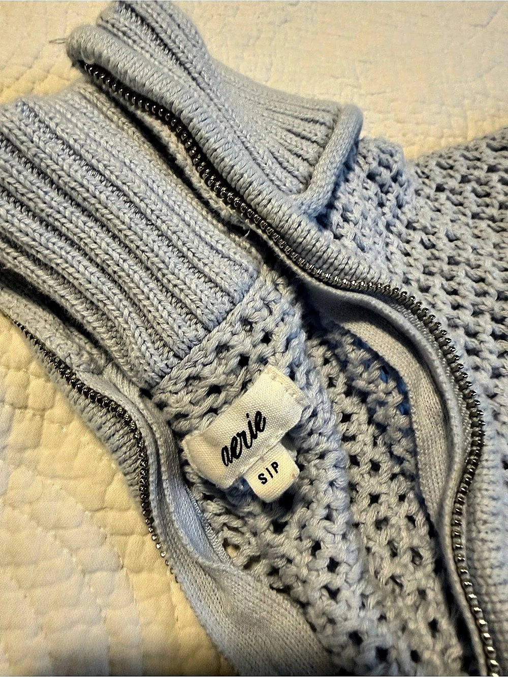 aerie Crochet Quarter Zip Sweater Blue Size Small